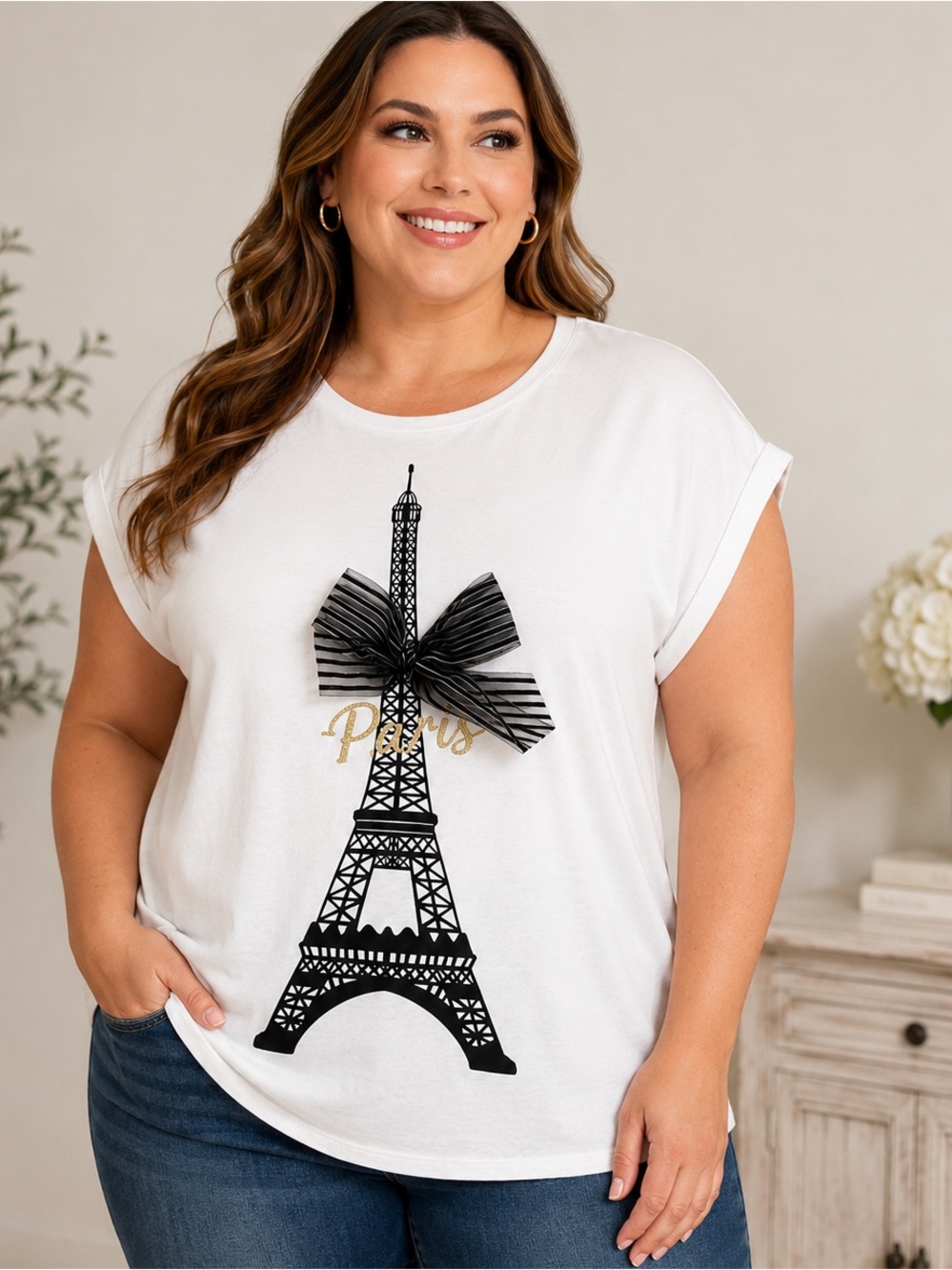 Mesh + Love 1X White Paris Eiffel Tower Graphic Tee Bow Plus Size NWT